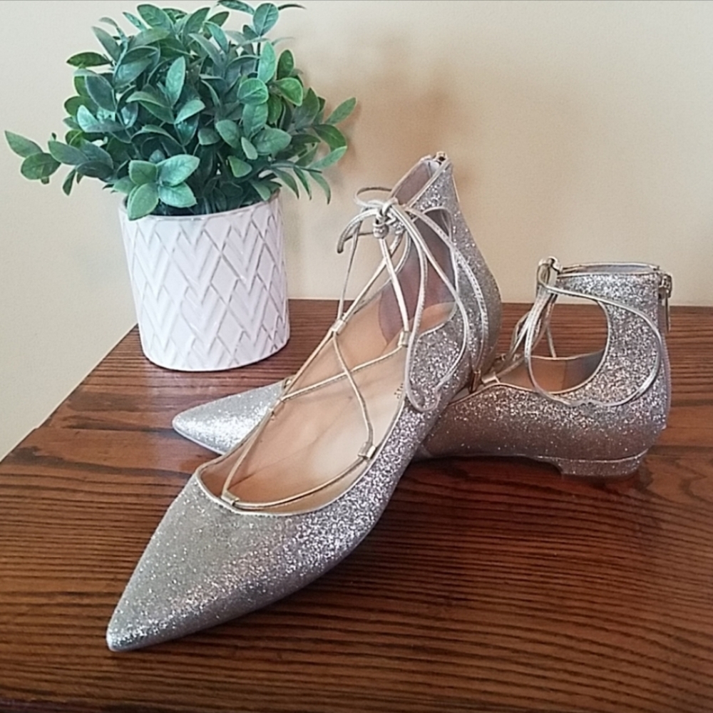 Ivanka Trump Gold And Silver Lace Up Flats, Size 7.5 - Picture 1 of 5